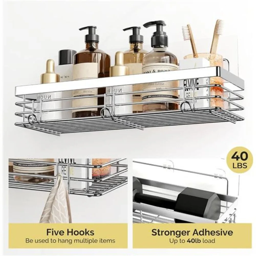 Adhesive Shower Caddy Soap Dish Holder Shelf with 5 Hooks Bathroom